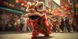 a Chinese lion dance performance at a local market. AI generative.