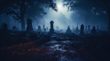 Cemetery Covered With Mist In The Night With Dark Sky And Moon. Halloween Haunted Cemetery Concept.Generative AI