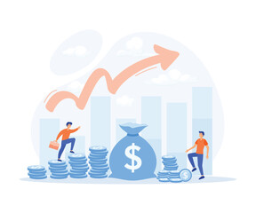 Wall Mural - Business growth Concept, Business people stepping up on  coins against a growing upward graph, flat vector modern illustration