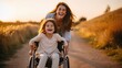 A beautiful little girl with a disability walks in a wheelchair with her mom at sunset. A child with disabilities