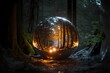 a large dented reflective shiny stainless steel ball sitting on the ground in an oldgrowth forest with two lights shining towards it at night One light on the l left and a second light that is 