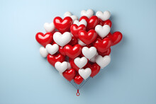 Red And White Heart Shaped Balloons On Blue Background, 3D Rendering, Ai Generated