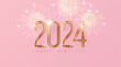 Happy new year 2024 holiday background with 3d gold numbers 2024, fireworks and Christmas lights in pink and gold colors. Vector illustration