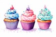 Watercolor cupcakes with sprinkles and icing on white background. AI generated