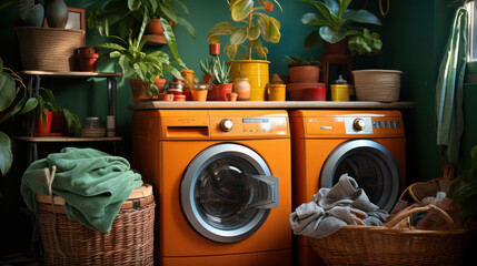 Wall Mural - Interior of home laundry room with modern washing machine and plenty of clean and dirty laundry
