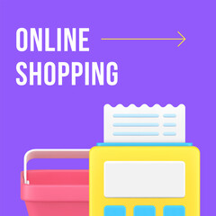 Sticker - Online shopping supermarket basket payment social media post design template 3d realistic vector