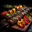 Skewer of Khorovats, juicy, Armenian, grilled meat, spices, vegetables Ai Generative
