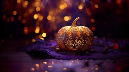 Wall Mural - Pumpkin in lace and sequins is illuminated on blurred bokeh background. Luxury mood in purple, orange and black for season greetings card, fall banner.