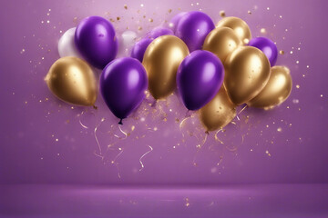 golden and purple balloons with particles banner template