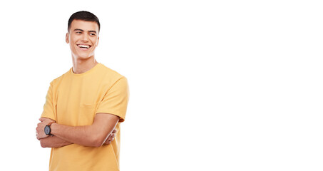 Wall Mural - Man, smile and thinking with arms crossed and isolated on a transparent png background. Happy male model, idea and vision for strategy, excited and natural for positivity, confident and aesthetic