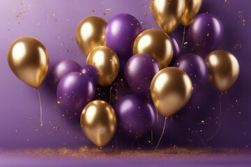 golden and purple balloons with particles banner template