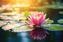 Beautiful Pink Lotus Flower With Green Leaves In The Pond Pink Lotus Flowers Blooming On The Water Magical