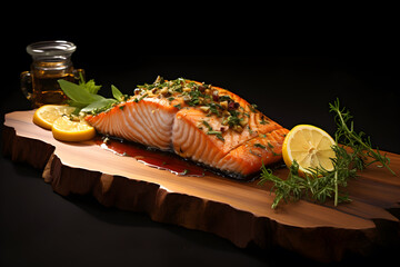 Wall Mural - a salmon steak on a wooden board with herbs and sauce