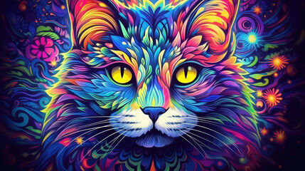  Psychic Waves: Aus der Fantasie in einer verträumten und spirituellen Erscheinung entstandene Visualisierung in Form einer farbenfrohen Katze