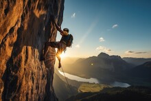 A Lone Rock Climber Braves The Heights Of A Challenging Mountain, Finding Strength, Balance, And Courage In The Face Of Danger To Reach The Breathtaking Summit At Sunset.
