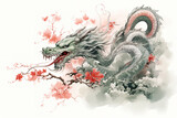 Image of dragon with pink cherry blossoms in ancient chinese style. Wildlife Animals. Nature. Illustration, Generative AI.