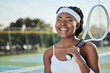 © Siphosethu/peopleimages.com - Happy black woman, tennis and professional on court with racket ready for match, game or outdoor sport. Face of African female person, athlete or sports player smile for fitness, practice or training