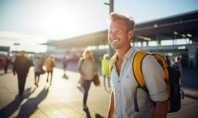 Man travel at airport with backpack, male walking at the gate at the terminal waiting for her flight in boarding lounge, People traveler enjoy trip and holiday.