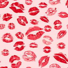 Female Red Lipstick Kiss Romantic Seamless Pattern. Women Lips Prints, Vector Illustration On Pink Background . Quality Trace Of Real Imprints Texture For Fashion Design Cloth And Wrapping Paper.