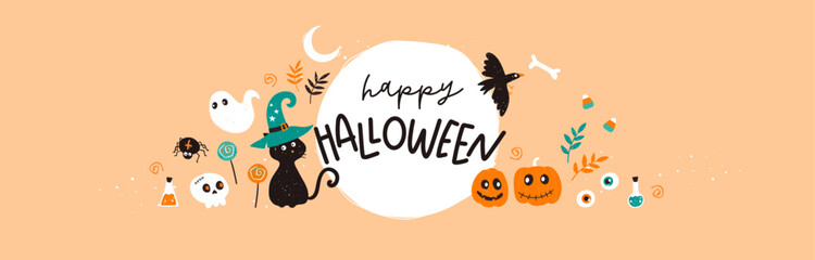 Wall Mural - Cute hand drawn Halloween design, colorful doodles and hand writing, great for Halloween banners, cards, invitations