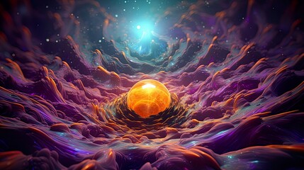 Wall Mural - Shining pearl surrounded by rich gold and purple liquids, smoke mixing together. Magical planet forming from movement, liquid, and beauty. Background for science, esoteric.