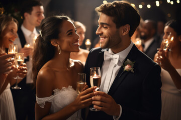 Beautiful Bride and Groom celebrating wedding at an evening wedding reception party. Smiling wedding couple clinking with glasses of champagne surrounded by their guests.