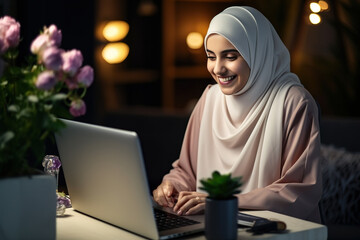 Beautiful young smiling muslim woman in traditional religious hijab working remotely on laptop from home.