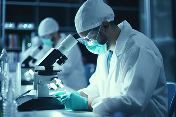 Wall Mural - Biochemical research scientist team working with microscope for corona-virus vaccine development in pharmaceutical research laboratory.