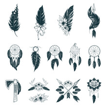 Feathers Fantasia Set In Boho Style. 14 Ethnic Design Elements Isolated On White Background. Vector Illustration For Tattoo, Print And T-shirts.