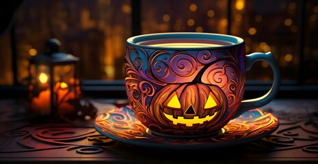 Wall Mural - Halloween pumpkin colorful cup of coffee on a wooden table. 3d rendering. Holiday event halloween banner background concept.