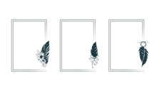 Three Rectangular Boho Style Frames  With Decorative Feathers. Hand Drawn Vector Collection For Invitations, Covers And Greeting Cards.