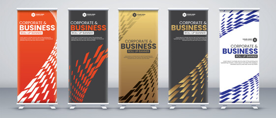 Corporate business conference roll up banner designs for x stand with luxury and eye catchy orange, black, gold and white colors with modern abstract shapes