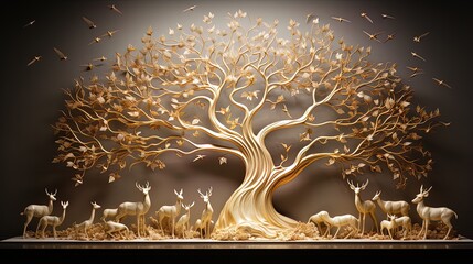 Wall Mural - 3D modern interior mural painting wall art decor wallpaper. Golden stag with dark gold forest trees, deers, birds and mountain
