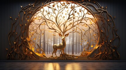 Wall Mural - 3D modern interior mural painting wall art decor wallpaper. Golden stag with dark gold forest trees, deers, birds and mountain
