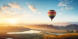 AI Generated. AI Generative. Hot air balloon scenic view at nature outdoor beautiful sand mountain river landscape. Adventure vacation air drone view background inspiration