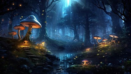 fantasy nature landscape with mushroom and butterfly animated background in japanese anime watercolo