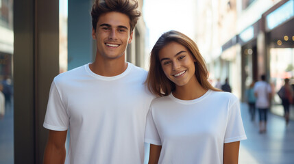 Wall Mural - Young fashion smiling travelers couple with white T-shirt, Plaza shopping district background.