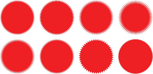 Wall Mural - Red starburst sticker set. Price sticker, sale sticker, price tag, starburst, quality mark, retro silhouette. Sunburst sale badges, quality signs, sale icons. Star blank label.  Vector illustration