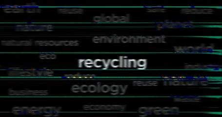 Poster - Recycling sustainable economy, environment care and ecology headline news across international media. Abstract concept of news titles on noise displays loop. TV glitch effect seamless and looped.