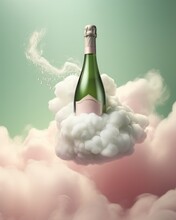 Bottle Of Champagne Floats On A Pastel Pink Foam, Green Background.