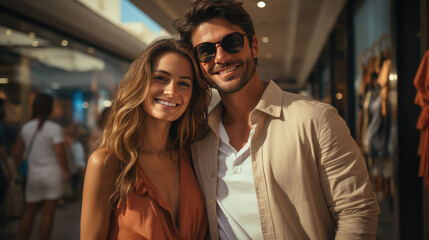 Wall Mural - 40 year old fashion smiling travelers couple, Plaza shopping district background.