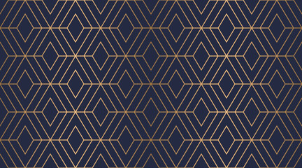 Wall Mural - art deco gold and blue ornate seamless diamond rhombus pattern, luxury repeat line background, vecto