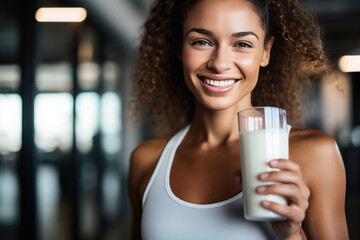 Wall Mural - Young beautiful african-american girl enjoying a glass of fresh milk after exercise