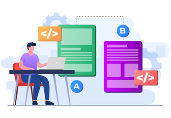 AB testing concept flat illustration vector template for website banner, Comparison split wireframe application on display smartphone, compare test result between 2 page of website design