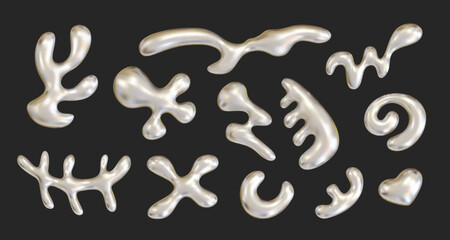 Wall Mural - 3D Chrome Abstract Liquid Shapes, resembling inflated metallic objects. Realistic Y2K holographic fluid vector elements for a modern futuristic design aesthetic