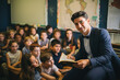 A teacher in a suit reading with his students in class