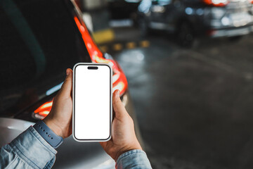Mockup blank screen mobile phone for app or web site mockup promotion. Ideal for auto dealership, automobile service online, smart car concept, Car shopping online