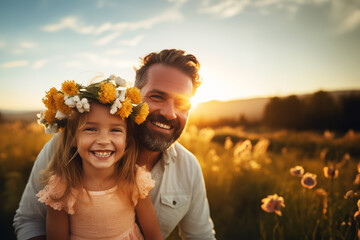 Smiling happy father and daughter with flower wreath on her head looking at camera in the field. Copy space. Father's day concept. 