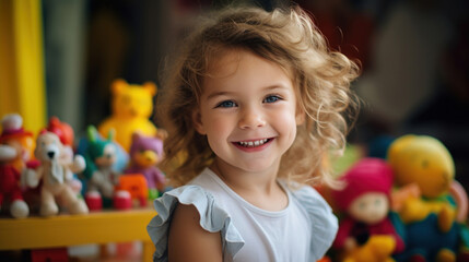 A cute little girl looks at the camera, smiles and play with toys