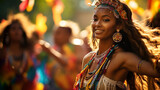 a festive festival of the indigenous people of Africa at which a woman in traditional clothes dances and has fun among the same people